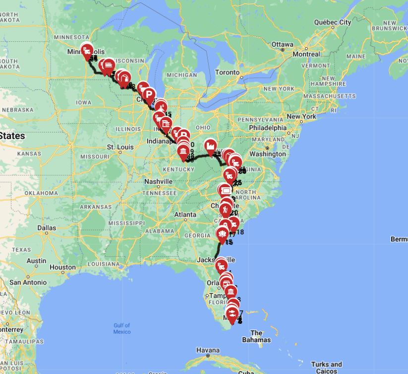 From Miami to Minneapolis with an RV full trip route